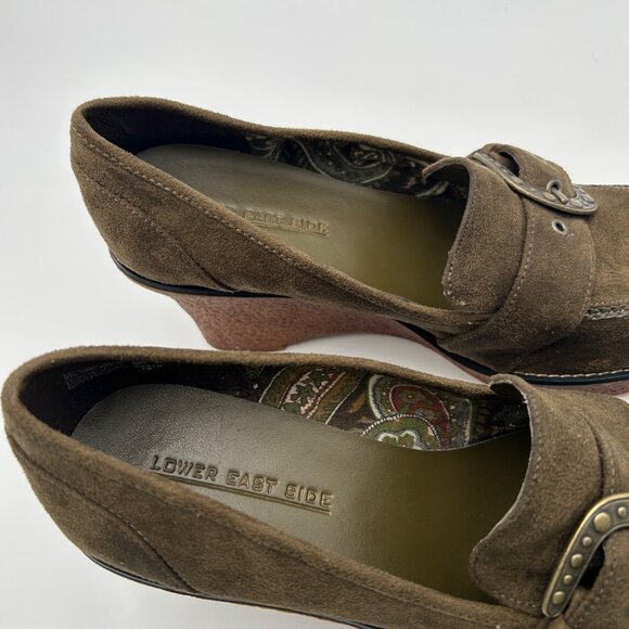 LOWER EAST SIDE VTG Olive Green Suede Wedge Platform Buckle Retro Style Size 9 - Picture 6 of 13